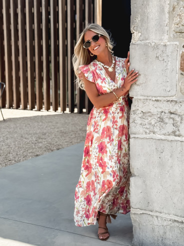 Robe longue Coline - Ecru/Rose