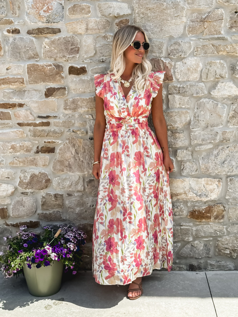 Robe longue Coline - Ecru/Rose