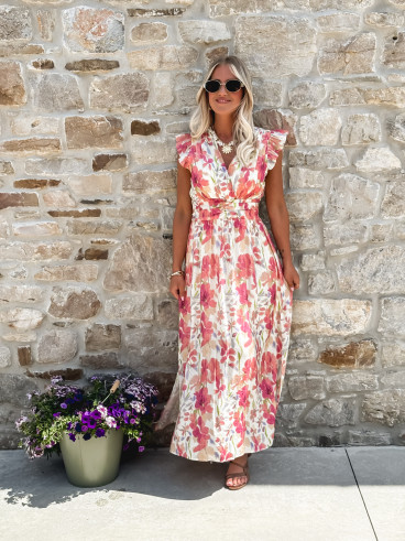 Robe longue Coline - Ecru/Rose