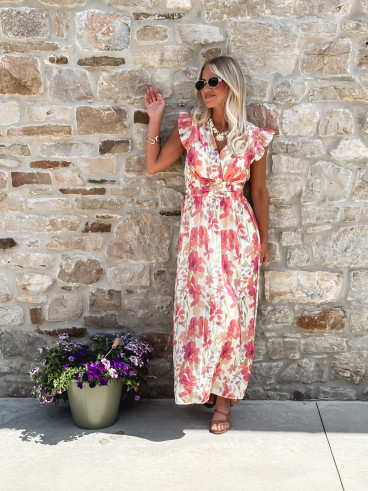Robe longue Coline - Ecru/Rose
