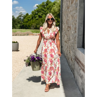 Robe longue Coline - Ecru/Rose