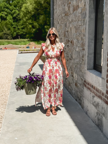 Robe longue Coline - Ecru/Rose