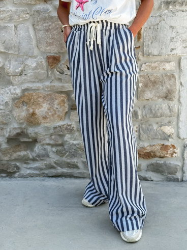 Pantalon ligné Linaëlle - Blanc/Bleu