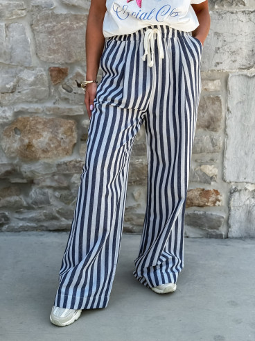 Pantalon ligné Linaëlle - Blanc/Bleu