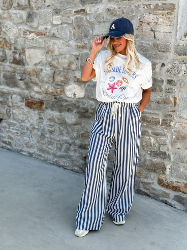 Pantalon ligné Linaëlle - Blanc/Bleu
