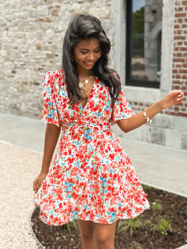 Robe courte à fleurs Adélaïs - Rouge/Bleu