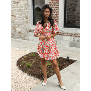 Robe courte à fleurs Adélaïs - Rouge/Bleu