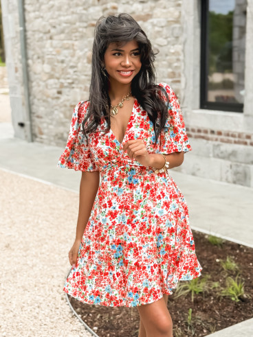 Robe courte à fleurs Adélaïs - Rouge/Bleu