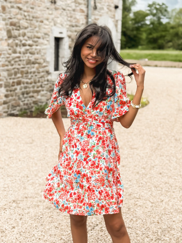 Robe courte à fleurs Adélaïs - Rouge/Bleu