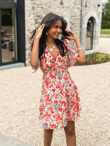 Robe courte à fleurs Adélaïs - Rouge/Bleu