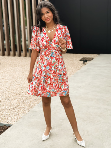 Robe courte à fleurs Adélaïs - Rouge/Bleu