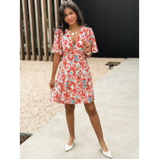 Robe courte à fleurs Adélaïs - Rouge/Bleu