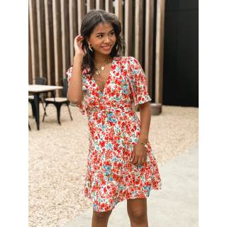 Robe courte à fleurs Adélaïs - Rouge/Bleu