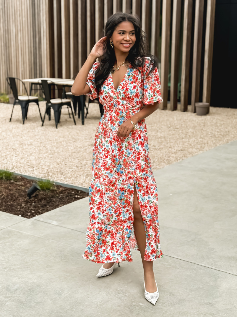Robe longue à fleurs Adélaïs - Rouge/Bleu