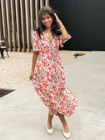 Robe longue à fleurs Adélaïs - Rouge/Bleu