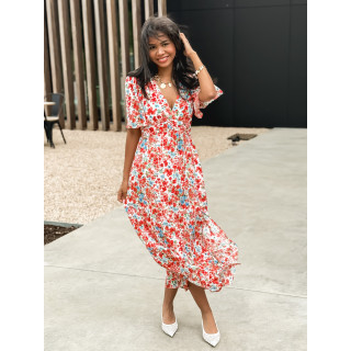 Robe longue à fleurs Adélaïs - Rouge/Bleu