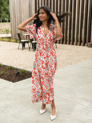 Robe longue à fleurs Adélaïs - Rouge/Bleu