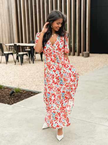 Robe longue à fleurs Adélaïs - Rouge/Bleu