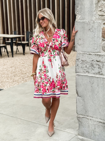 Robe courte à fleurs Aélisa - Blanc/Rose