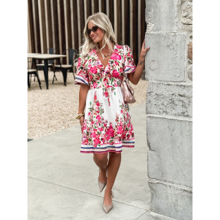 Robe courte à fleurs Aélisa - Blanc/Rose