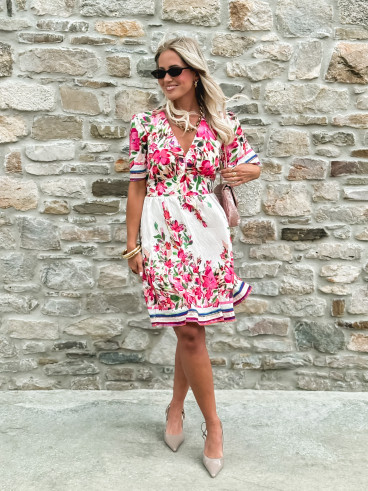 Robe courte à fleurs Aélisa - Blanc/Rose