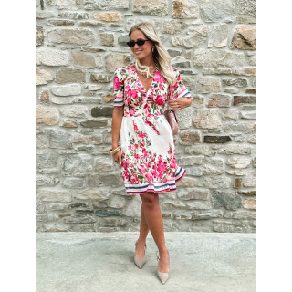 Robe courte à fleurs Aélisa - Blanc/Rose