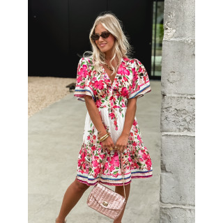 Robe courte à fleurs Aélisa - Blanc/Rose