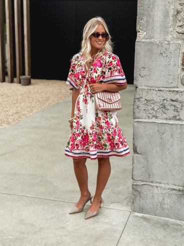 Robe courte à fleurs Aélisa - Blanc/Rose