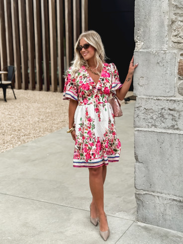 Robe courte à fleurs Aélisa - Blanc/Rose