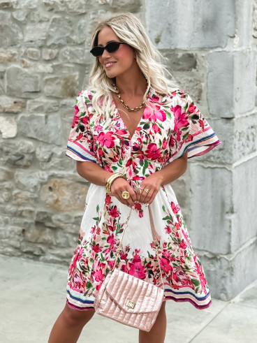 Robe courte à fleurs Aélisa - Blanc/Rose
