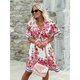 Robe courte à fleurs Aélisa - Blanc/Rose