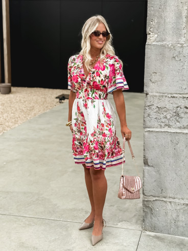 Robe courte à fleurs Aélisa - Blanc/Rose