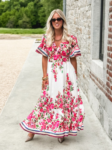Robe longue à fleurs Aélisa - Blanc/Rose