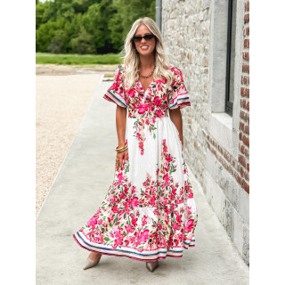 Robe longue à fleurs Aélisa - Blanc/Rose