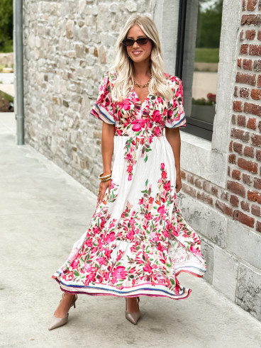 Robe longue à fleurs Aélisa - Blanc/Rose