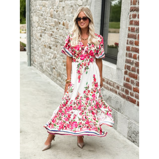 Robe longue à fleurs Aélisa - Blanc/Rose