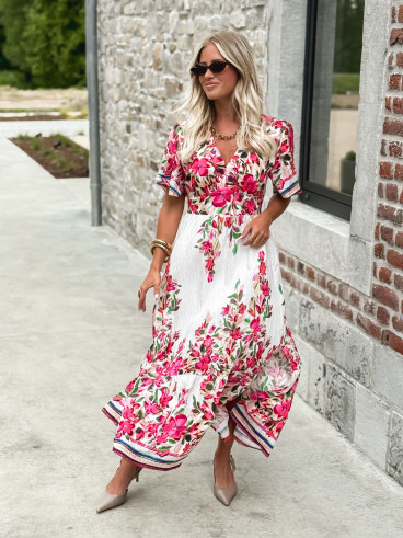 Robe longue à fleurs Aélisa - Blanc/Rose