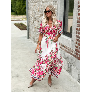 Robe longue à fleurs Aélisa - Blanc/Rose