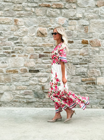 Robe longue à fleurs Aélisa - Blanc/Rose