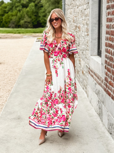 Robe longue à fleurs Aélisa - Blanc/Rose