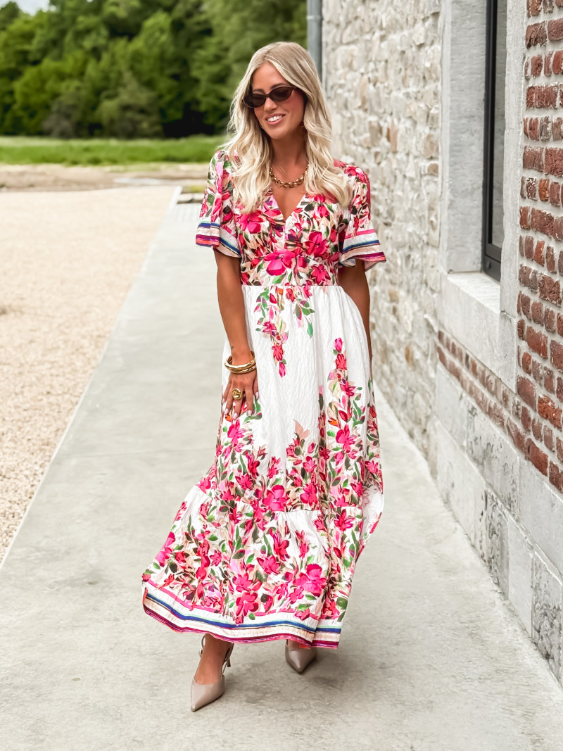 Robe longue à fleurs Aélisa - Blanc/Rose