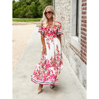 Robe longue à fleurs Aélisa - Blanc/Rose