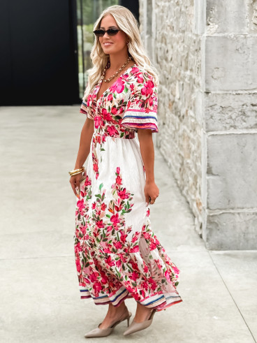Robe longue à fleurs Aélisa - Blanc/Rose