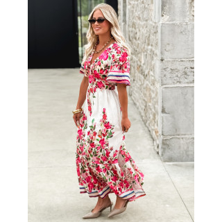 Robe longue à fleurs Aélisa - Blanc/Rose