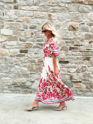 Robe longue à fleurs Aélisa - Blanc/Rose