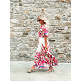 Robe longue à fleurs Aélisa - Blanc/Rose