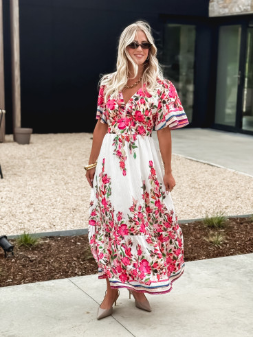 Robe longue à fleurs Aélisa - Blanc/Rose