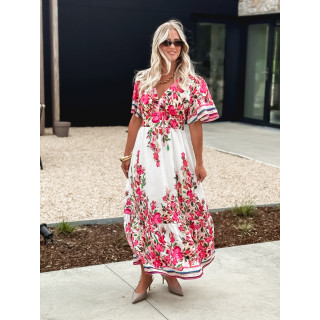 Robe longue à fleurs Aélisa - Blanc/Rose