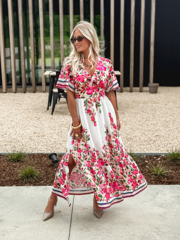 Robe longue à fleurs Aélisa - Blanc/Rose