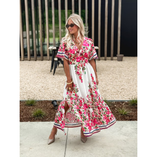 Robe longue à fleurs Aélisa - Blanc/Rose